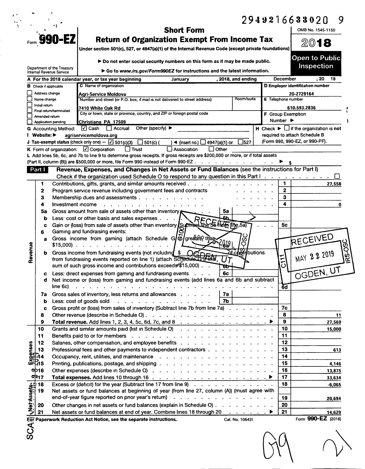 Image of first page of 2018 Form 990EZ for Agriservice Moldova