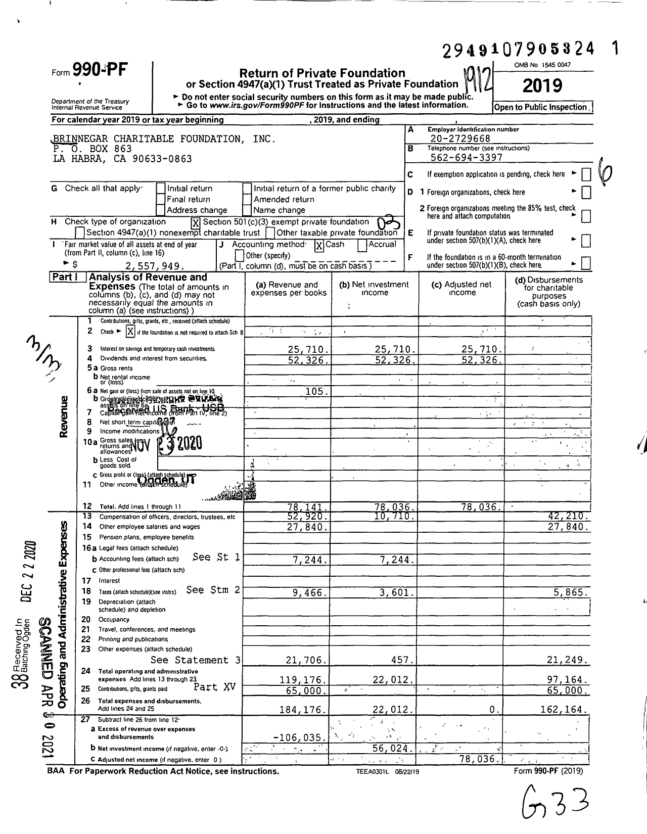 Image of first page of 2019 Form 990PF for Brinnegar Charitable Foundation