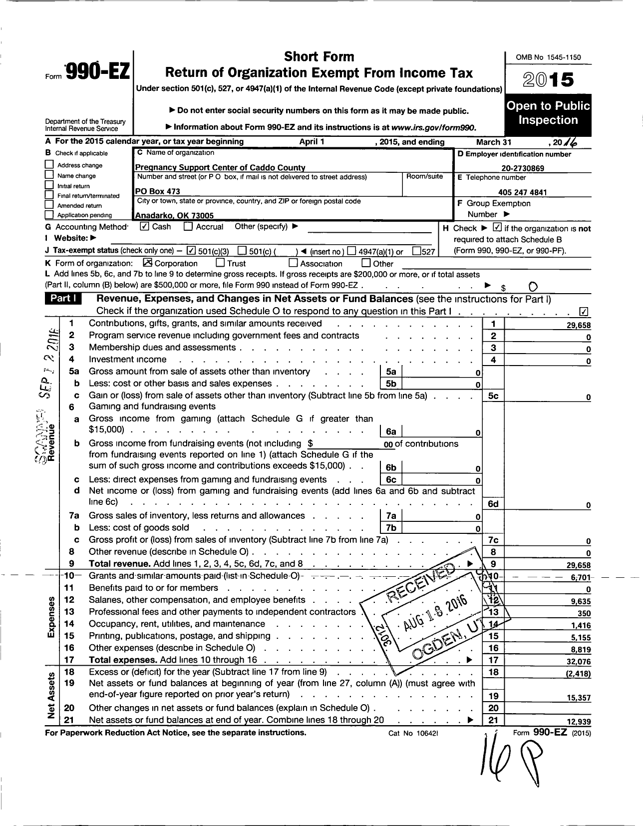 Image of first page of 2015 Form 990EZ for Pregnancy Support Center of Caddo C