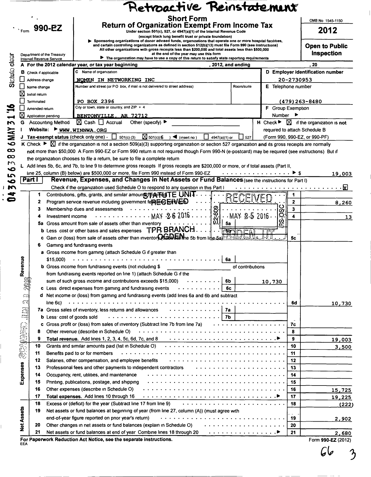 Image of first page of 2012 Form 990EO for Women in Networking