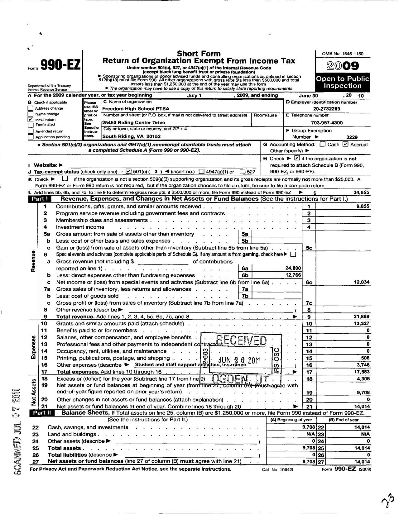 Image of first page of 2009 Form 990EZ for Virginia PTA - Freedom High School Ptsa