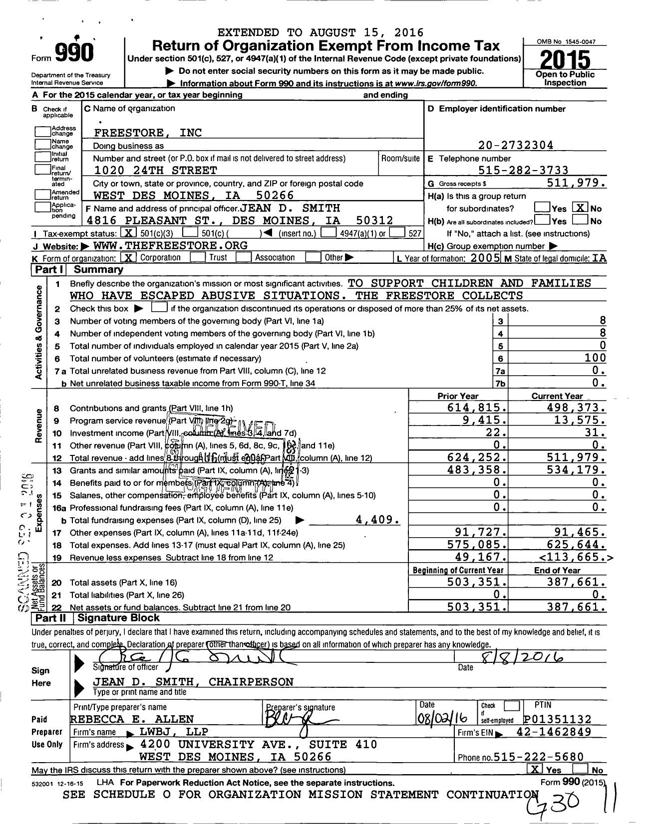 Image of first page of 2015 Form 990 for FreeStore