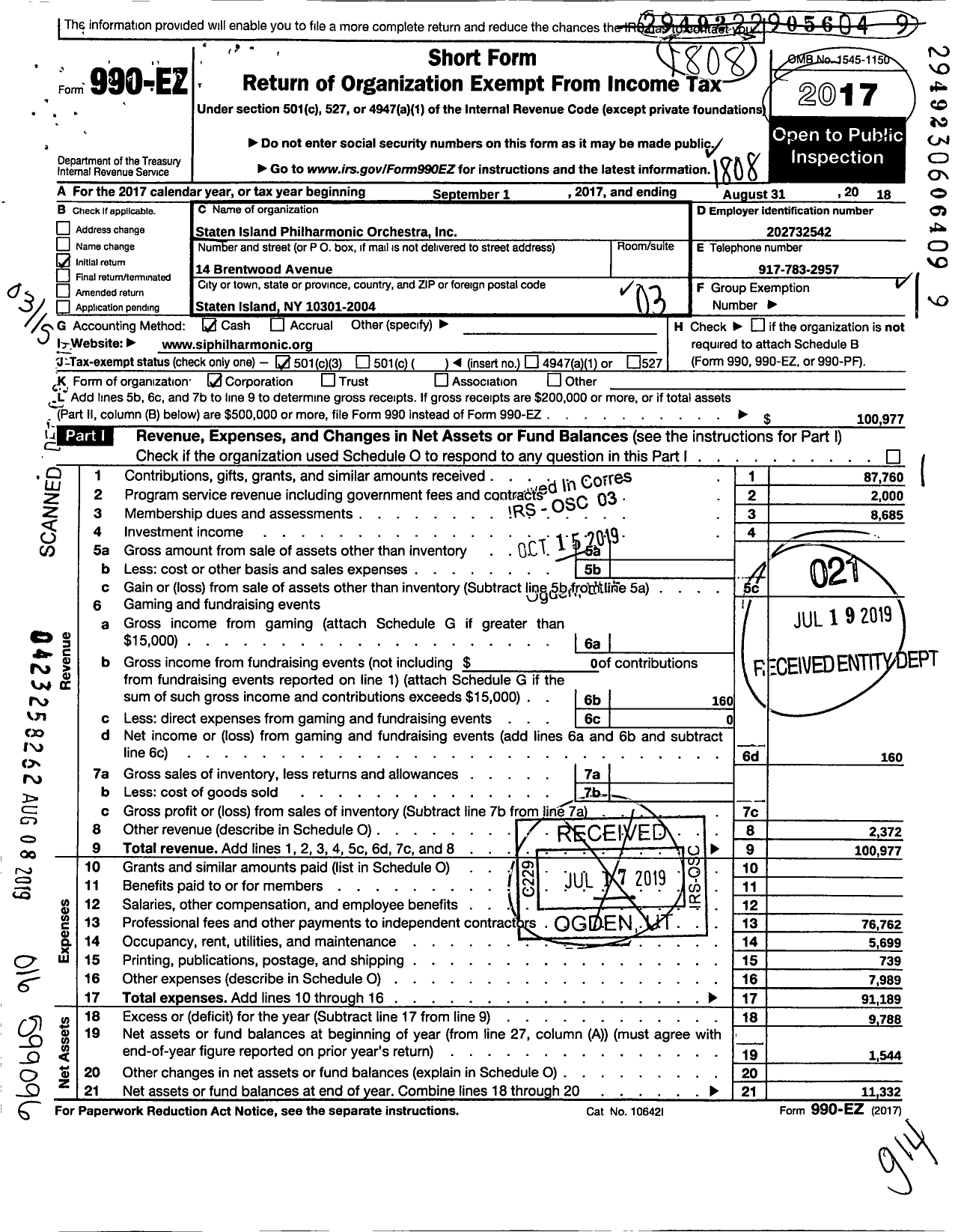 Image of first page of 2017 Form 990EZ for Staten Island Orcestra