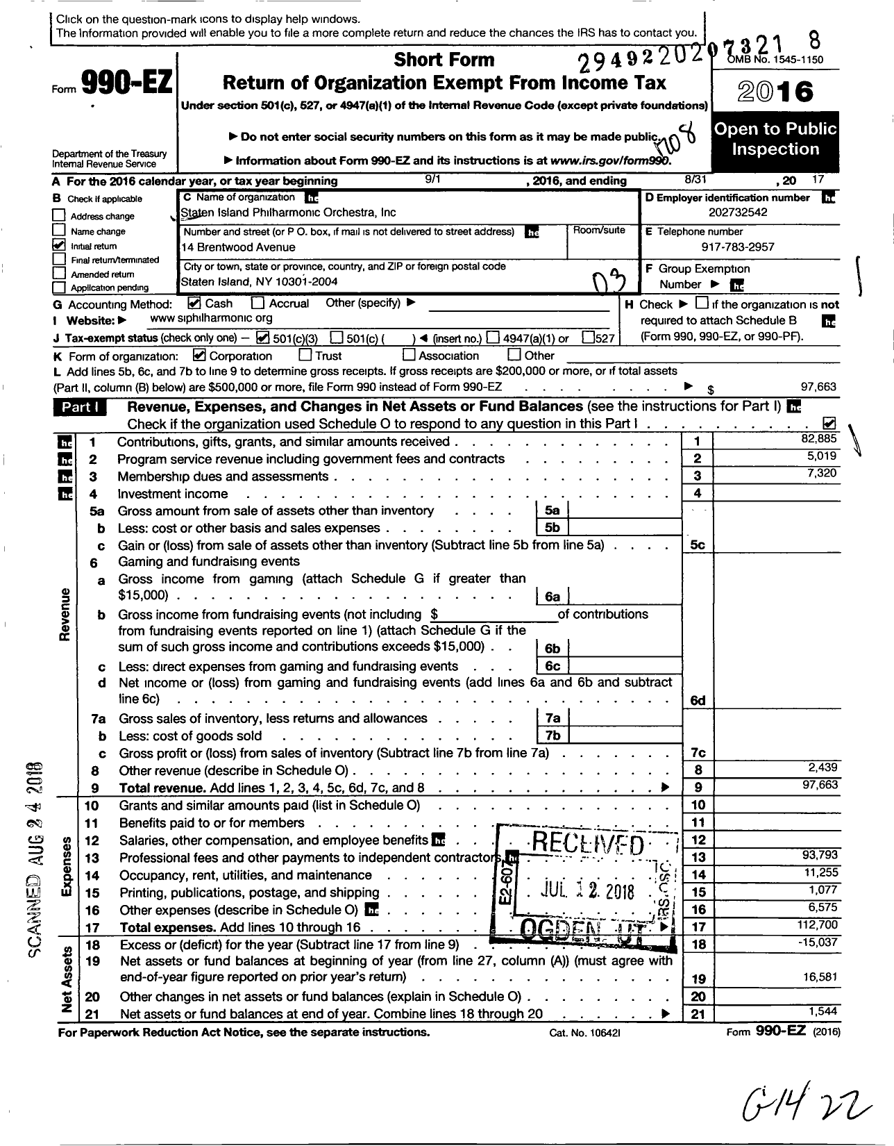 Image of first page of 2016 Form 990EZ for Staten Island Orcestra