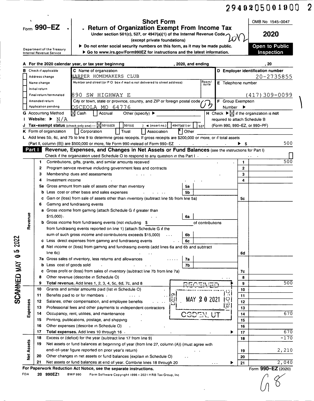 Image of first page of 2020 Form 990EZ for Harper Homemakers Club