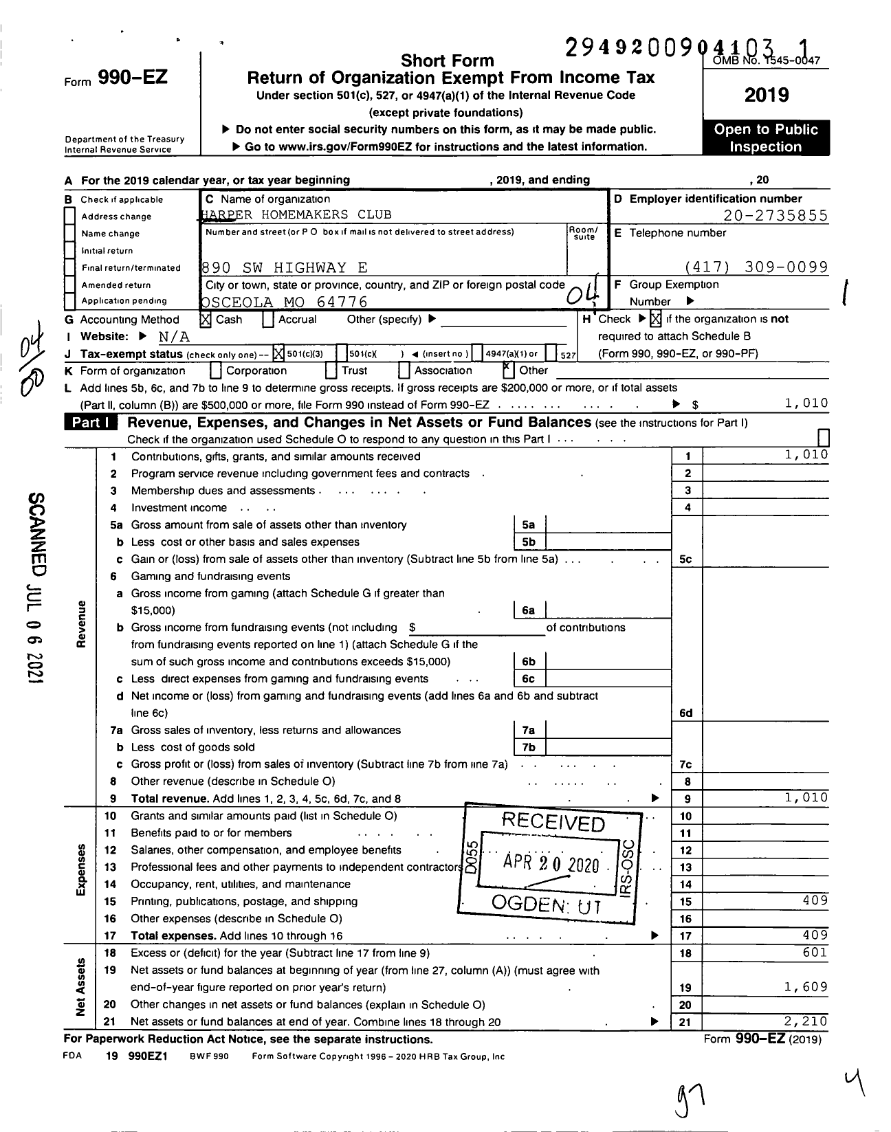 Image of first page of 2019 Form 990EO for Harper Homemakers Club