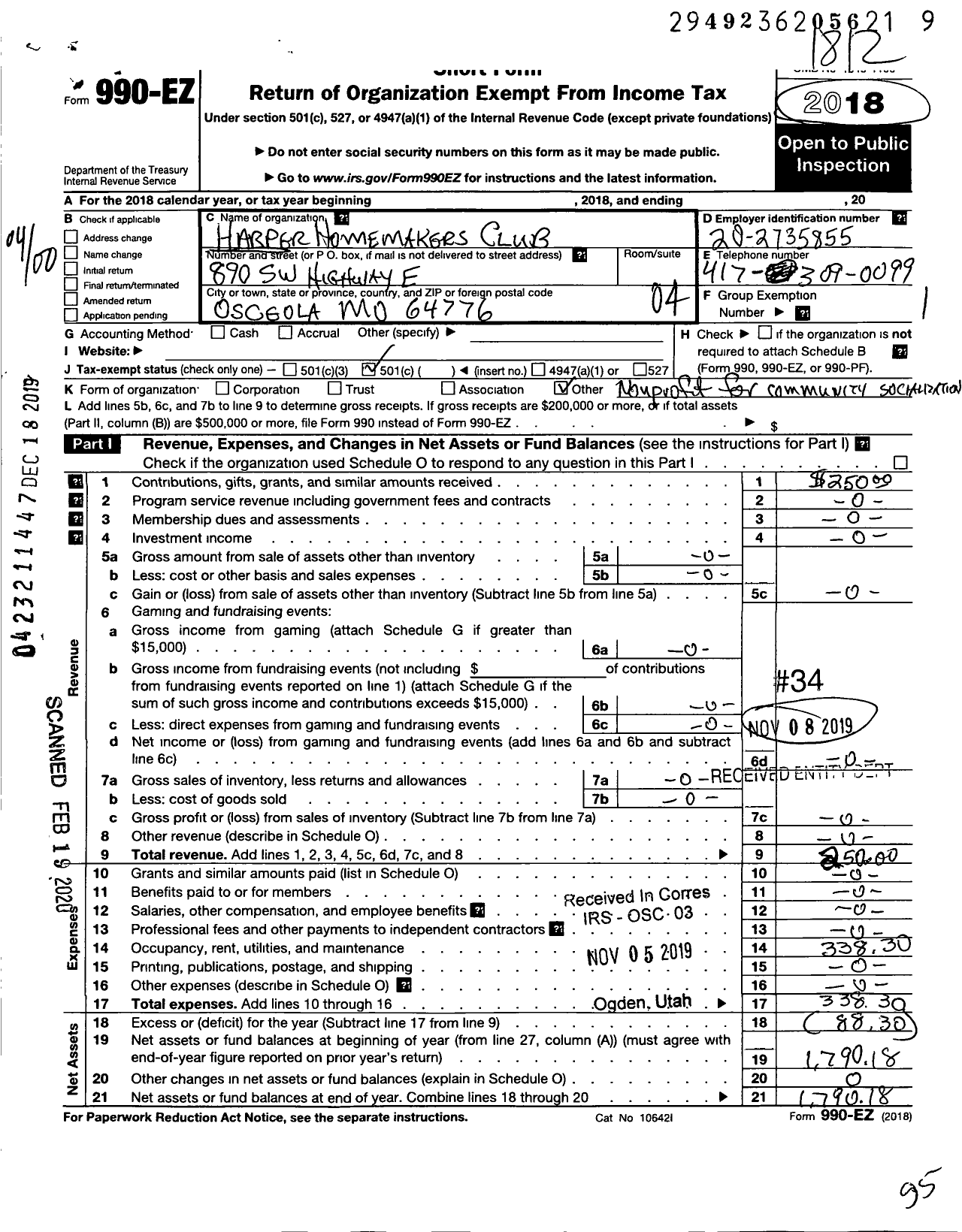 Image of first page of 2018 Form 990EO for Harper Homemakers Club