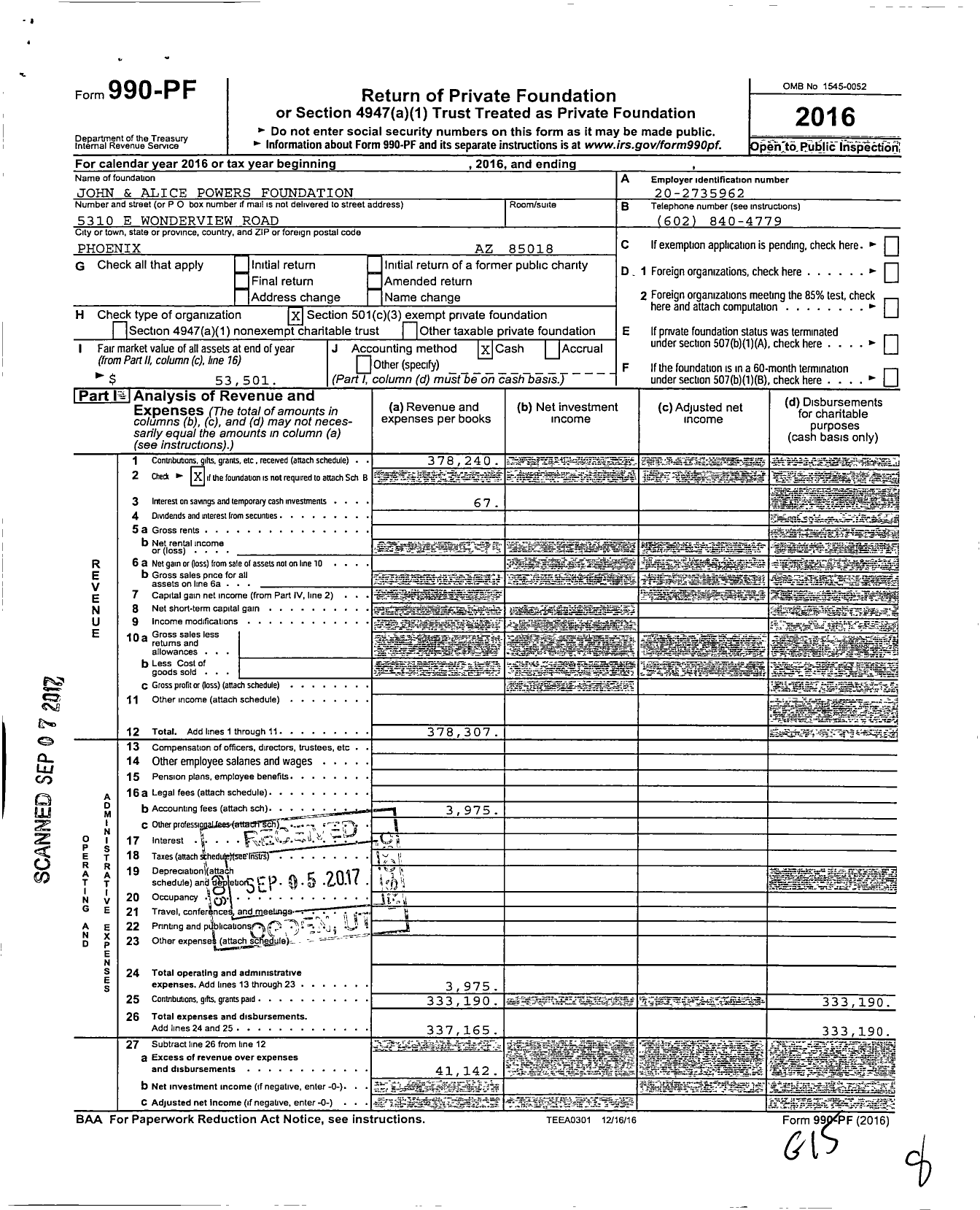 Image of first page of 2016 Form 990PF for John and Alice Powers Foundation