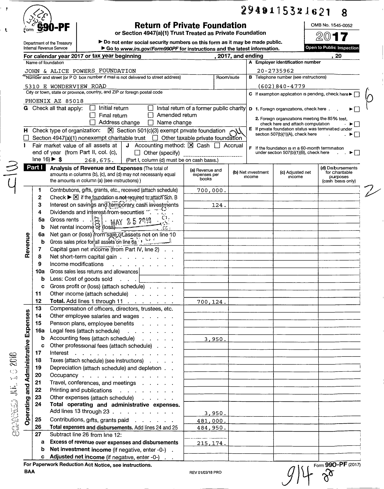 Image of first page of 2017 Form 990PF for John and Alice Powers Foundation