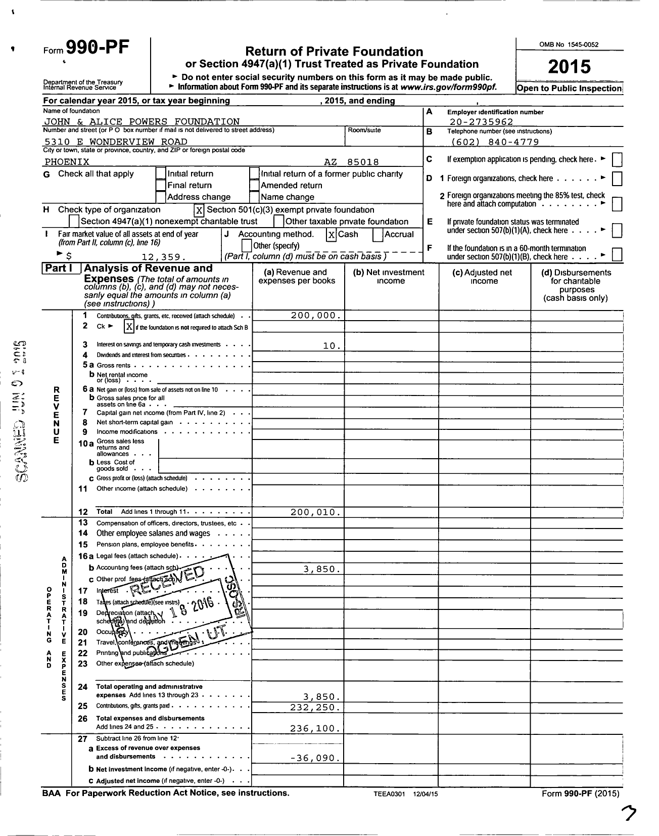 Image of first page of 2015 Form 990PF for John and Alice Powers Foundation