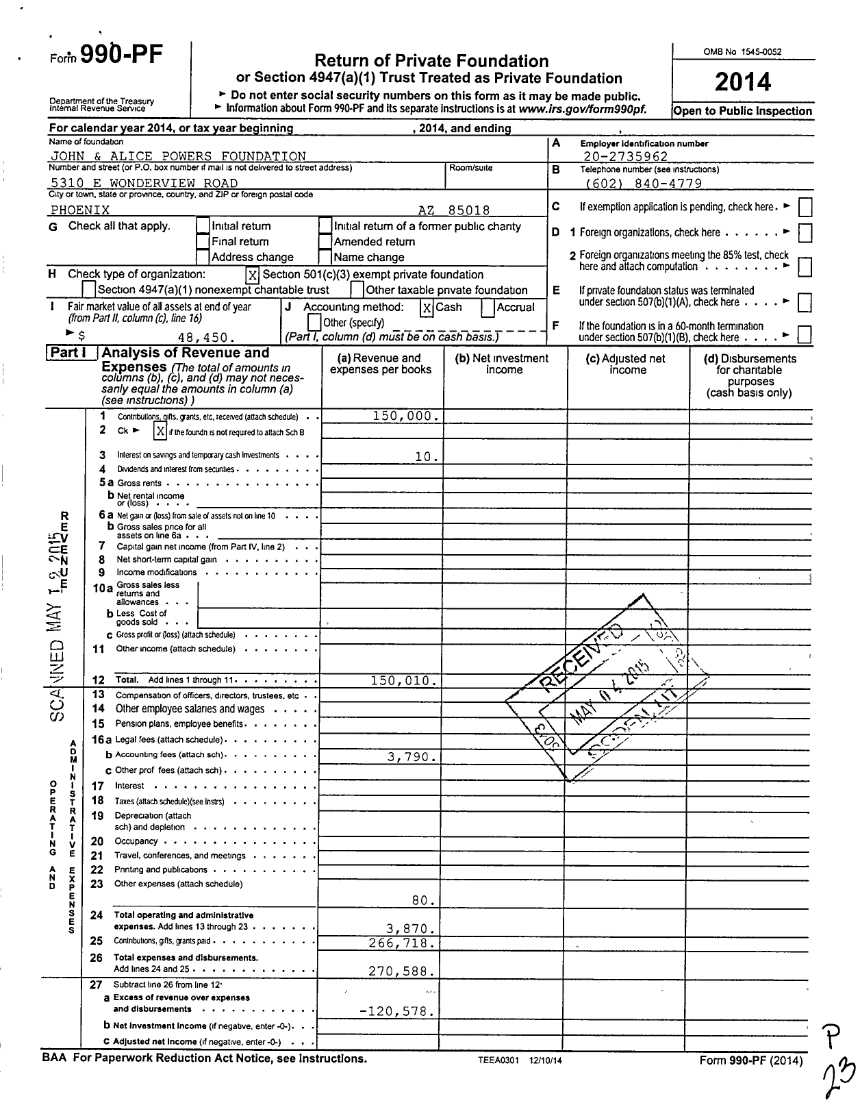Image of first page of 2014 Form 990PF for John and Alice Powers Foundation