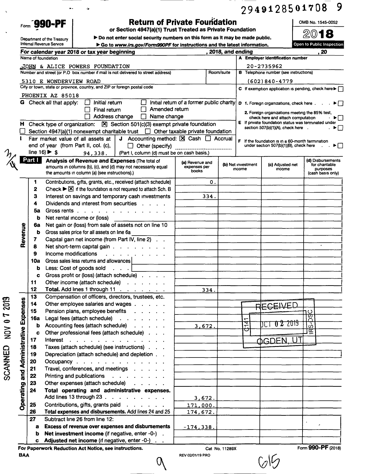 Image of first page of 2018 Form 990PF for John and Alice Powers Foundation