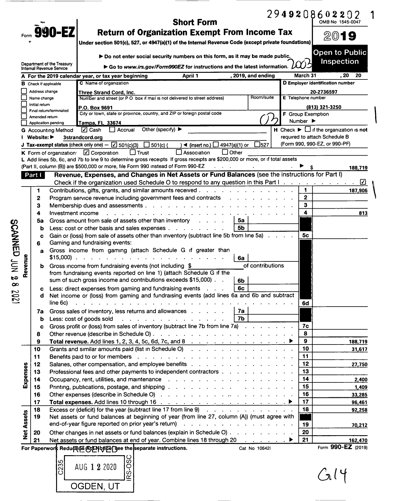 Image of first page of 2019 Form 990EZ for Three Strand Cord Incorporated