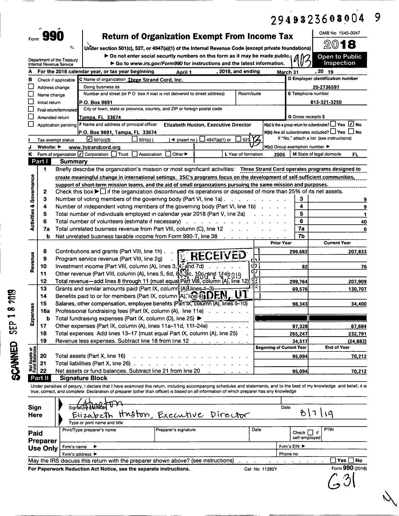 Image of first page of 2018 Form 990 for Three Strand Cord Incorporated