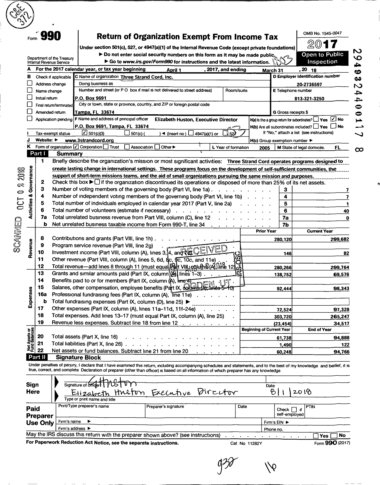 Image of first page of 2017 Form 990 for Three Strand Cord Incorporated