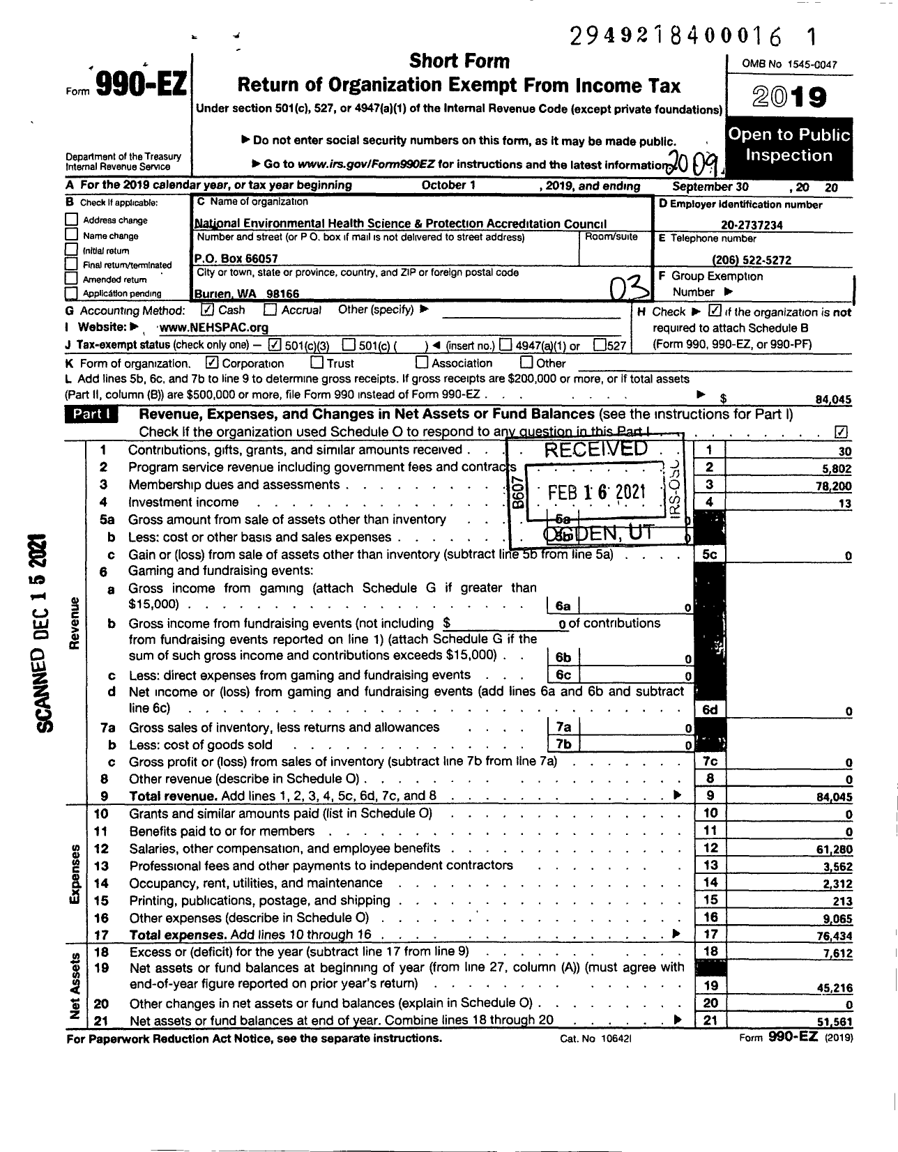 Image of first page of 2019 Form 990EZ for National Environmental Health Science and