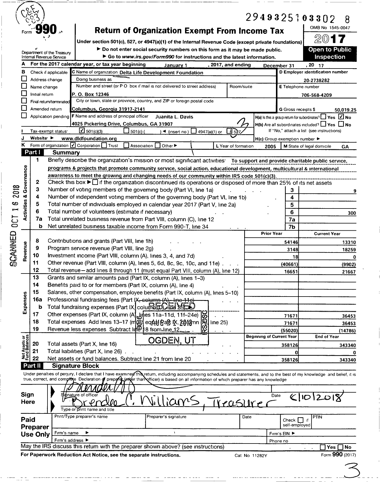 Image of first page of 2017 Form 990 for Delta Life Development Foundation / Jeanella F Pendleton