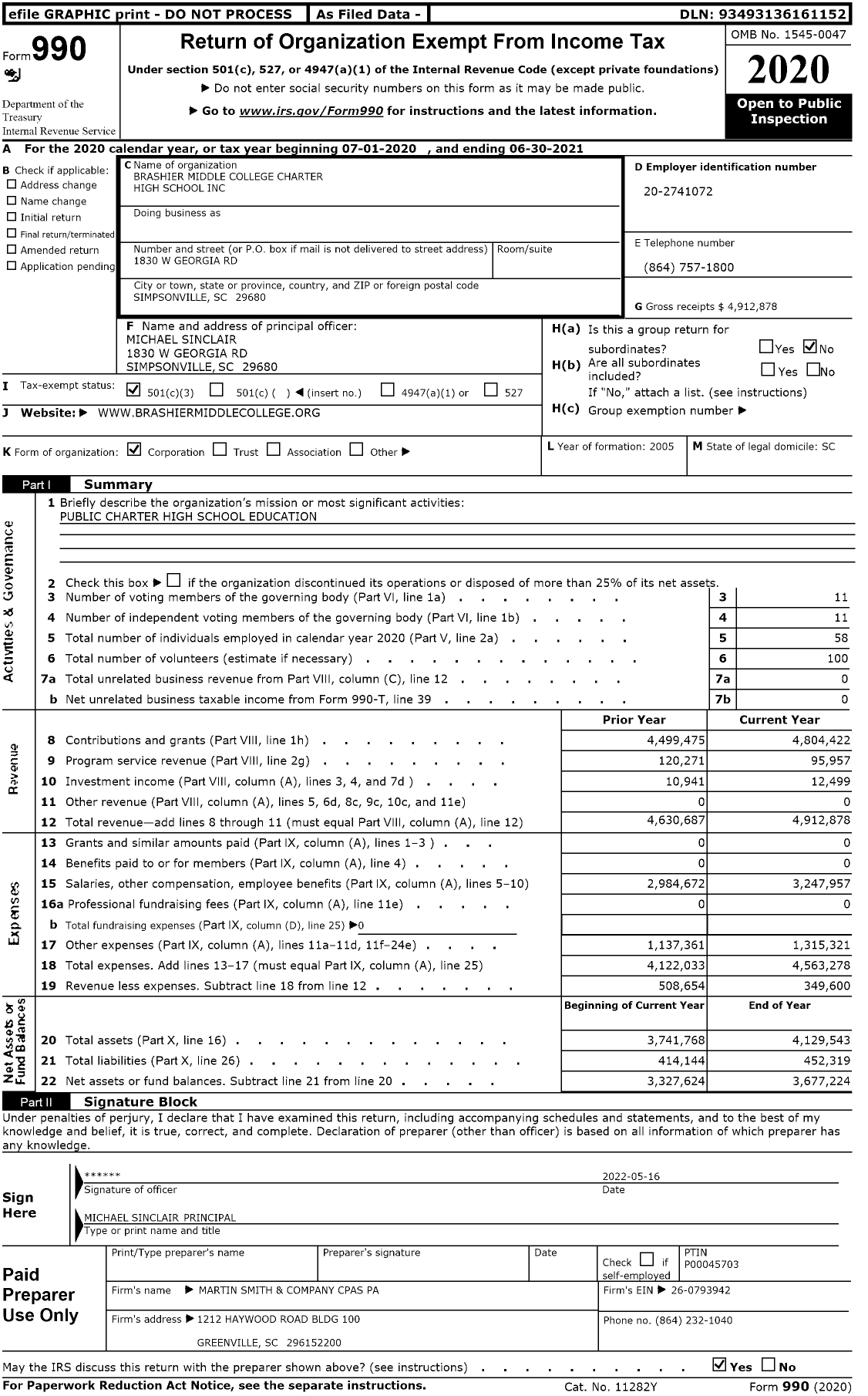 Image of first page of 2020 Form 990 for Brashier Middle College Charter High School (BMC)