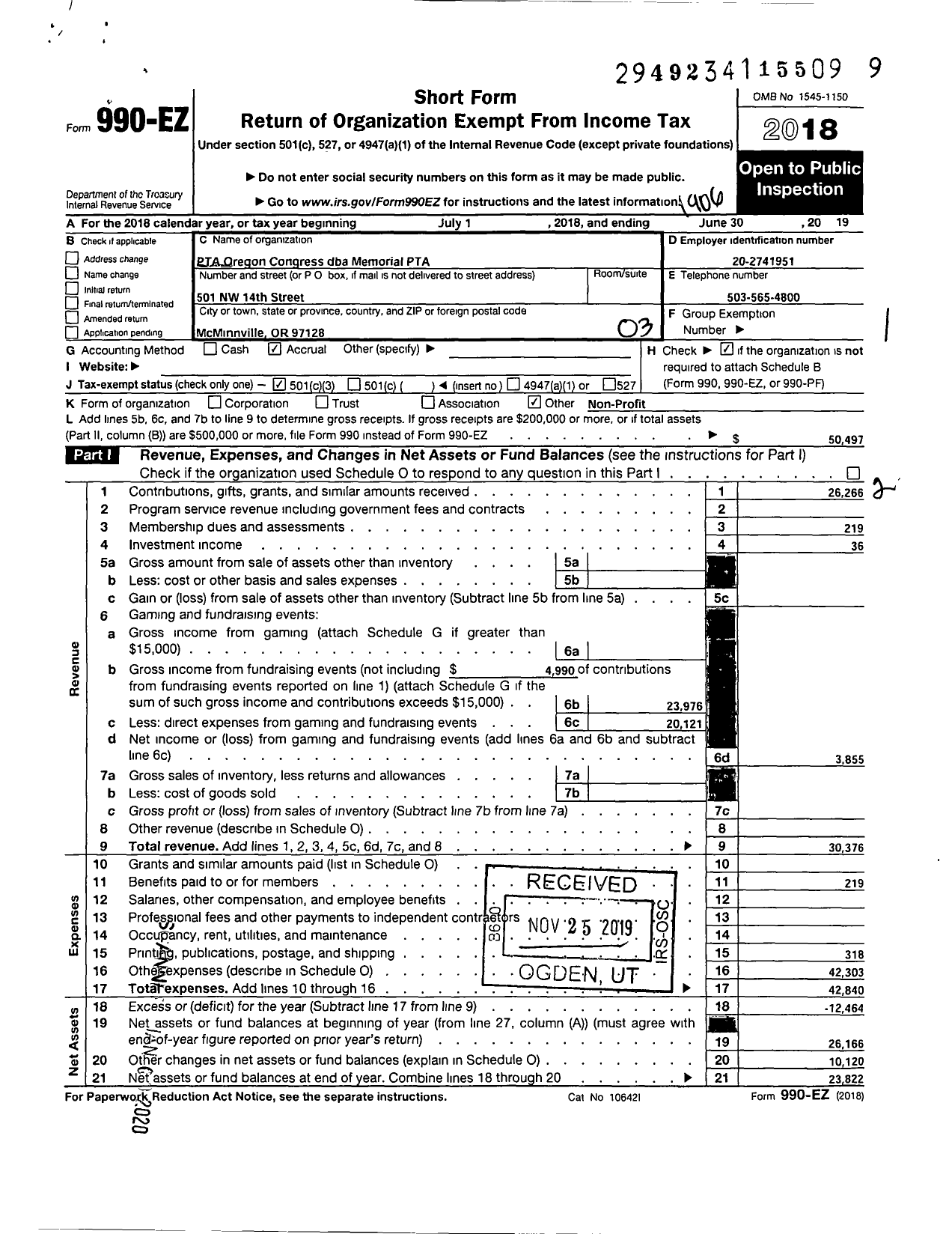 Image of first page of 2018 Form 990EZ for PTA OREGON CONGRESS / Memorial PTA