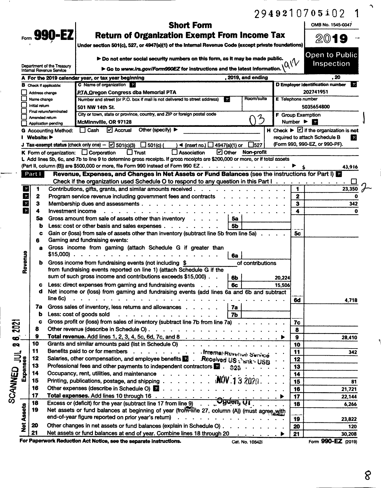 Image of first page of 2019 Form 990EZ for PTA OREGON CONGRESS / Memorial PTA