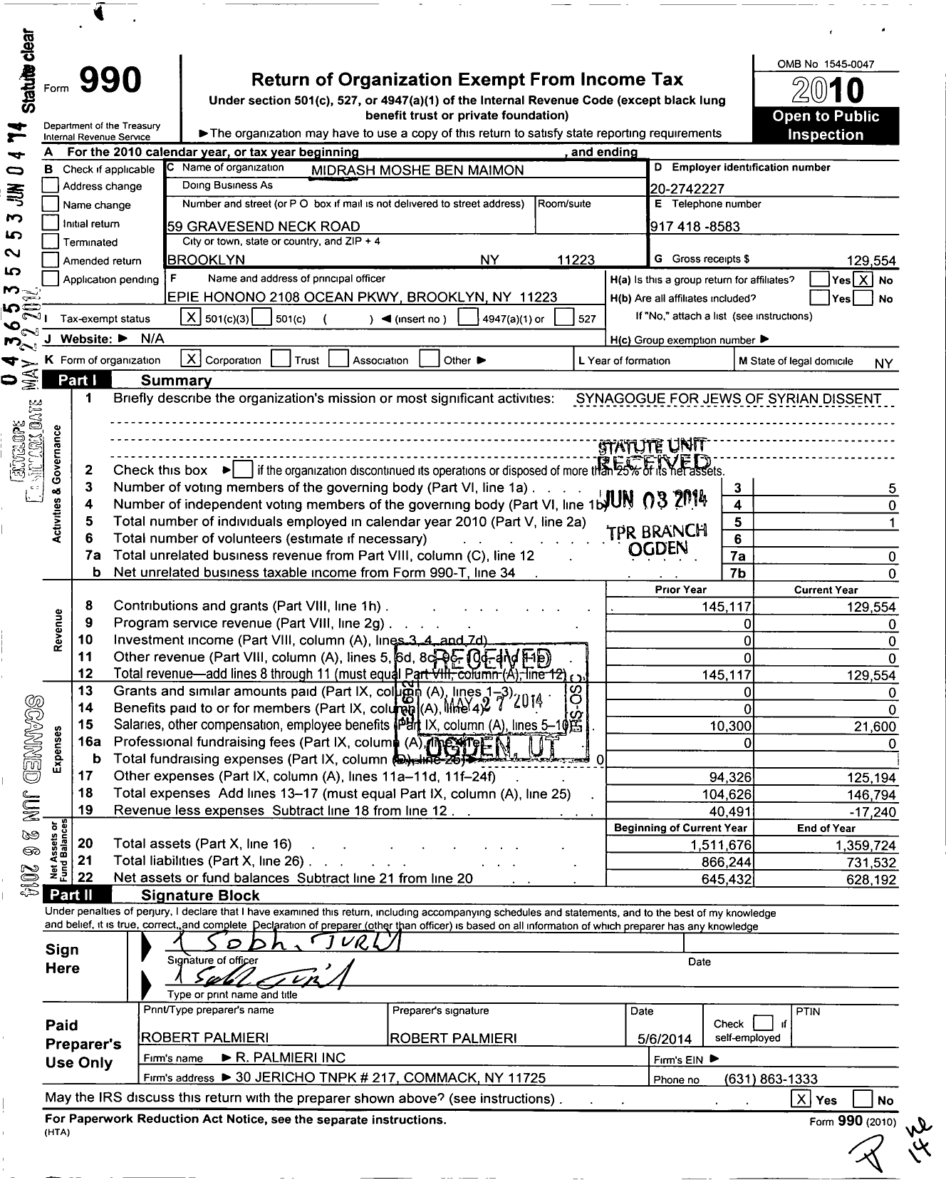 Image of first page of 2010 Form 990 for Midrash Moshe Ben Maimon