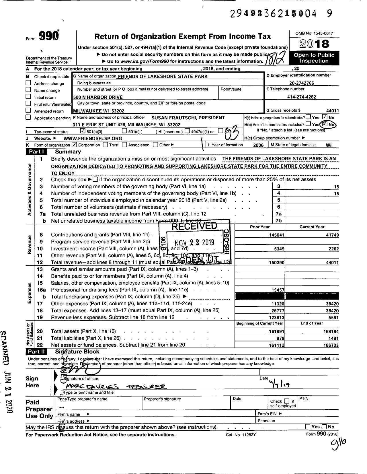 Image of first page of 2018 Form 990 for Friends of Lakeshore State Park