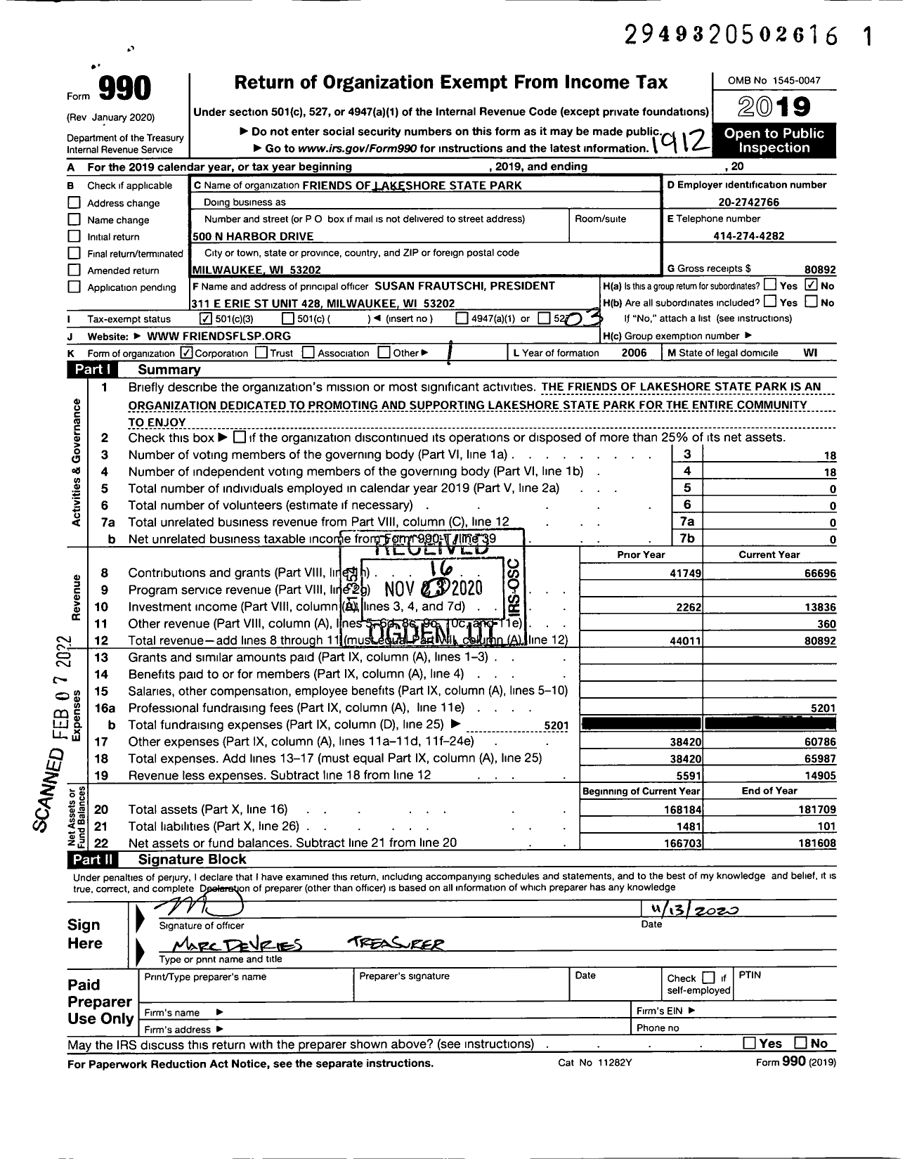 Image of first page of 2019 Form 990 for Friends of Lakeshore State Park