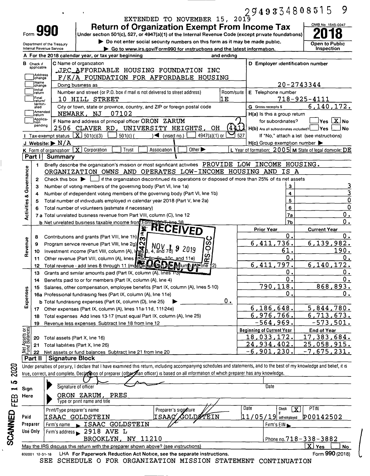 Image of first page of 2018 Form 990 for JPC Affordable Housing Foundation