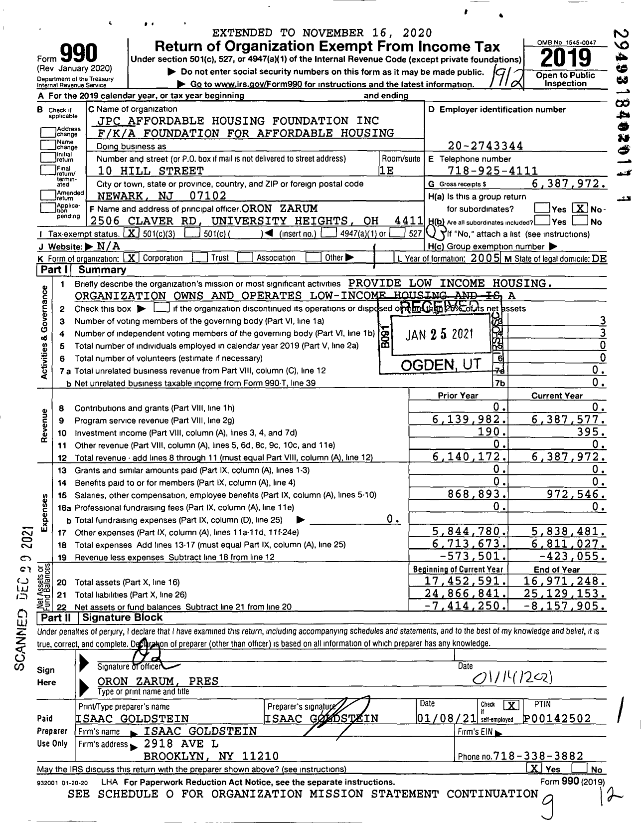 Image of first page of 2019 Form 990 for JPC Affordable Housing Foundation