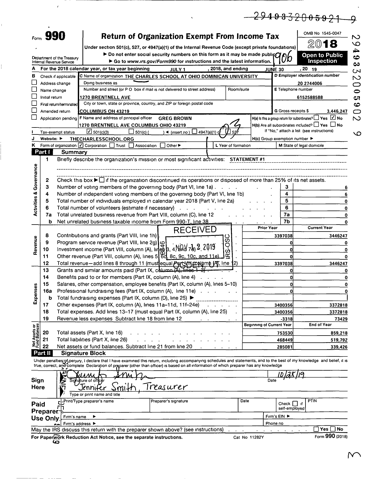 Image of first page of 2018 Form 990 for Charles School