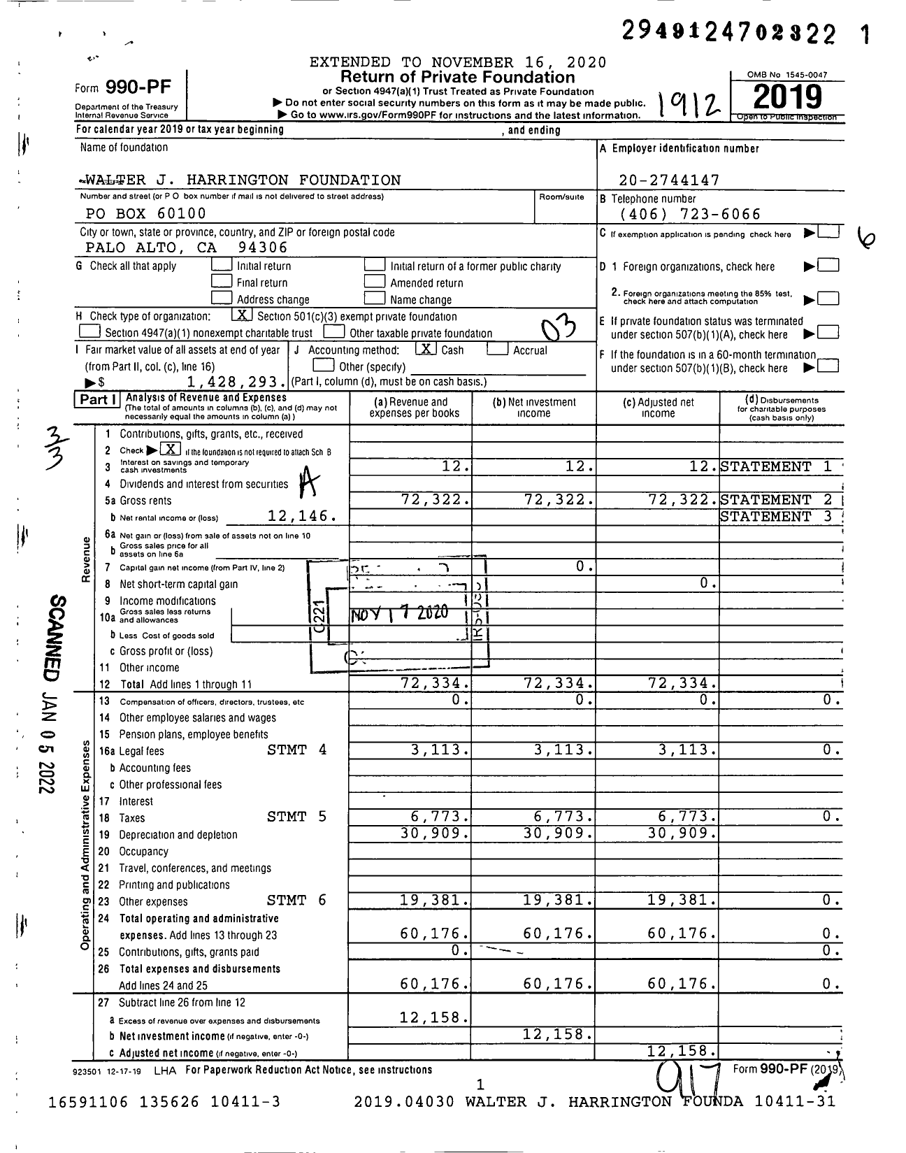 Image of first page of 2019 Form 990PF for Walter J Harrington Foundation