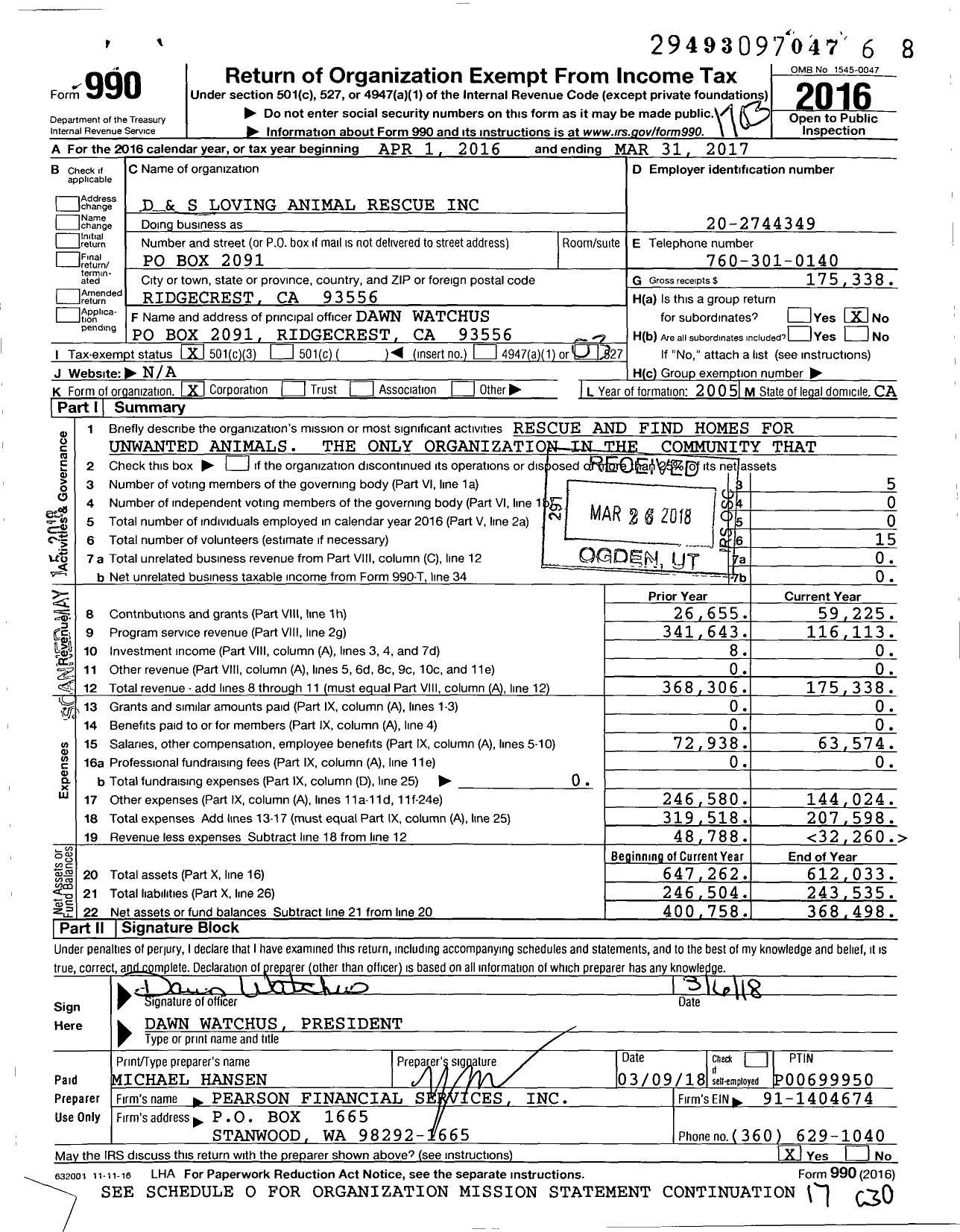 Image of first page of 2016 Form 990 for D and S Loving Animal Rescue