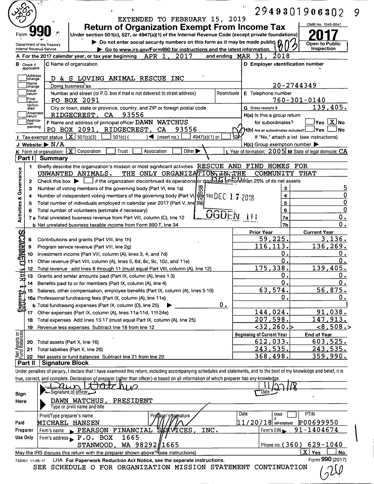 Image of first page of 2017 Form 990 for D and S Loving Animal Rescue