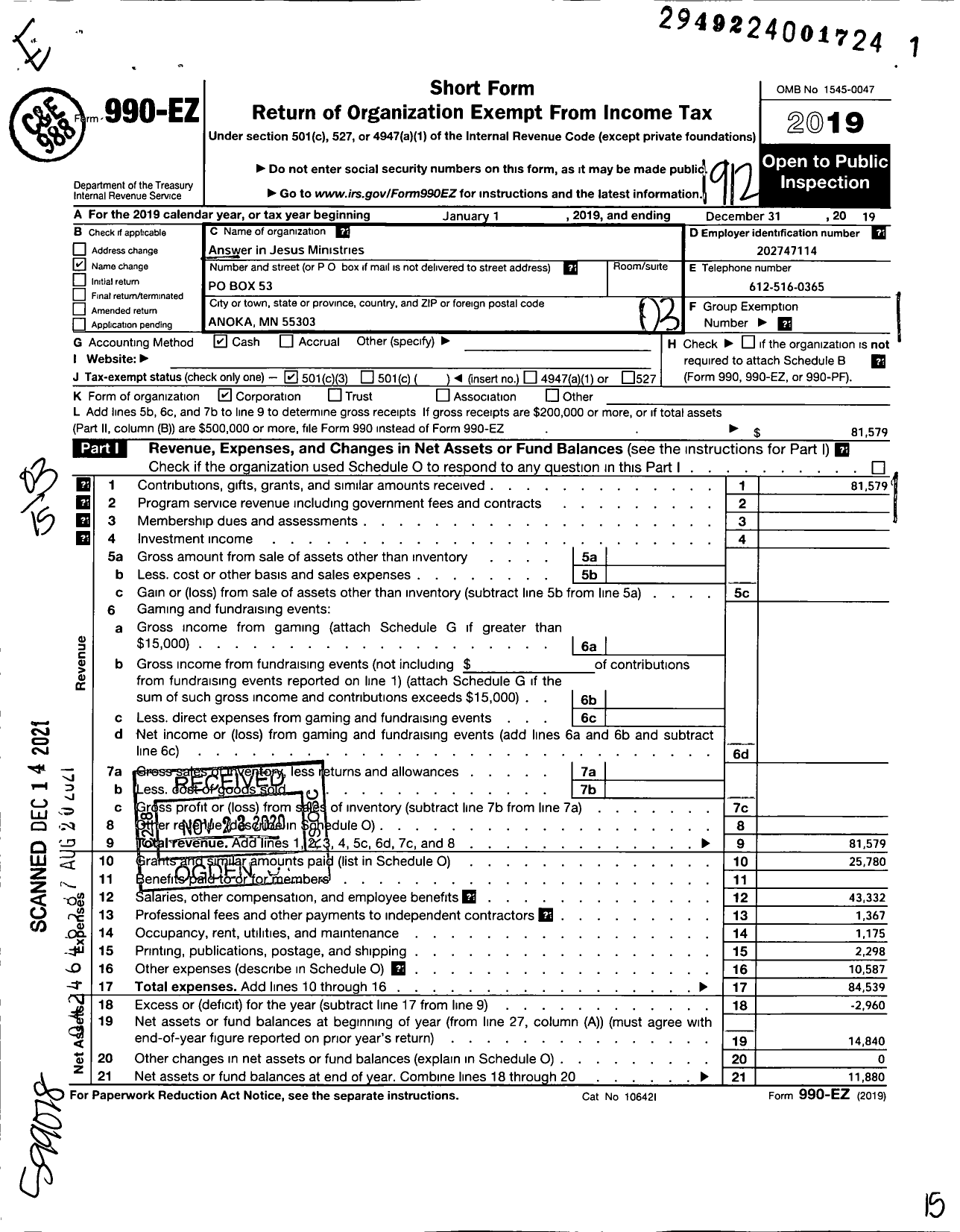 Image of first page of 2019 Form 990EZ for Answer in Jesus Ministries