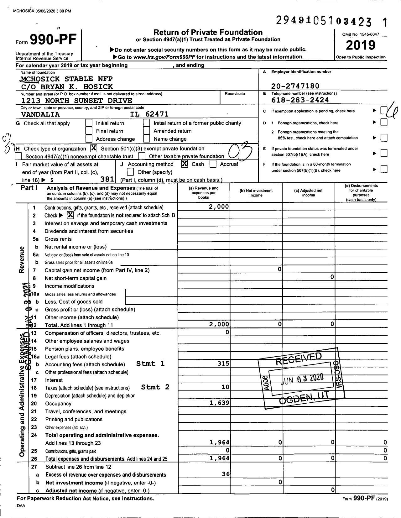 Image of first page of 2019 Form 990PF for Mchosick Stable NFP