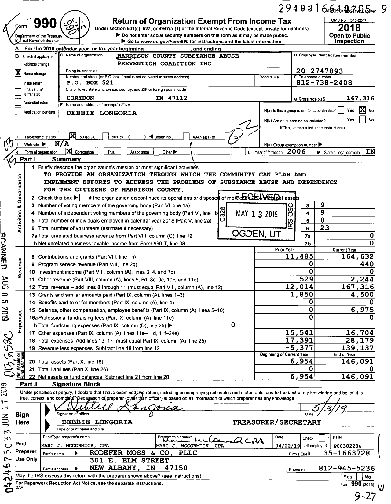 Image of first page of 2018 Form 990 for Harrison County Substance Abuse Prevention Coalition