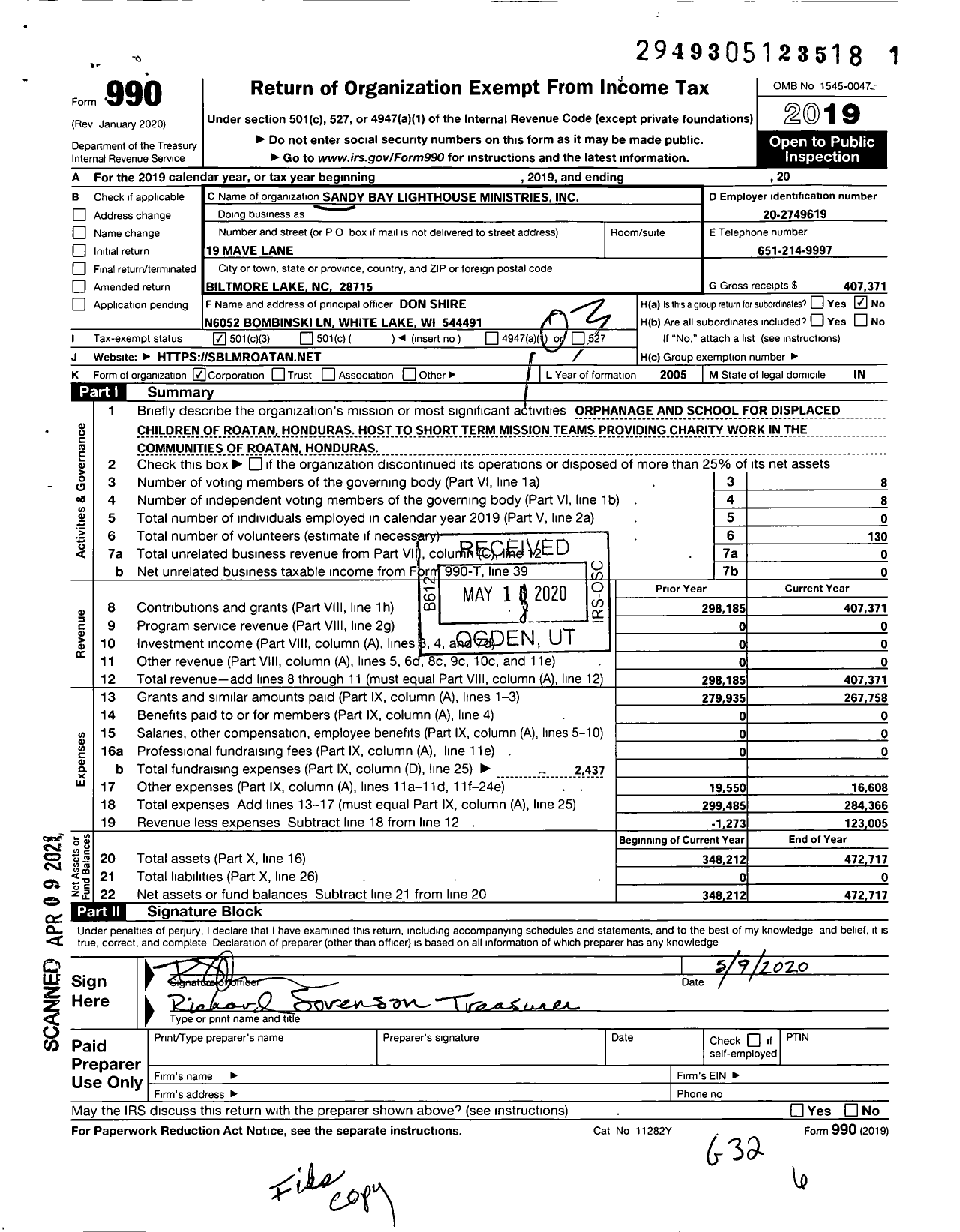 Image of first page of 2019 Form 990 for Sandy Bay Lighthouse Ministries