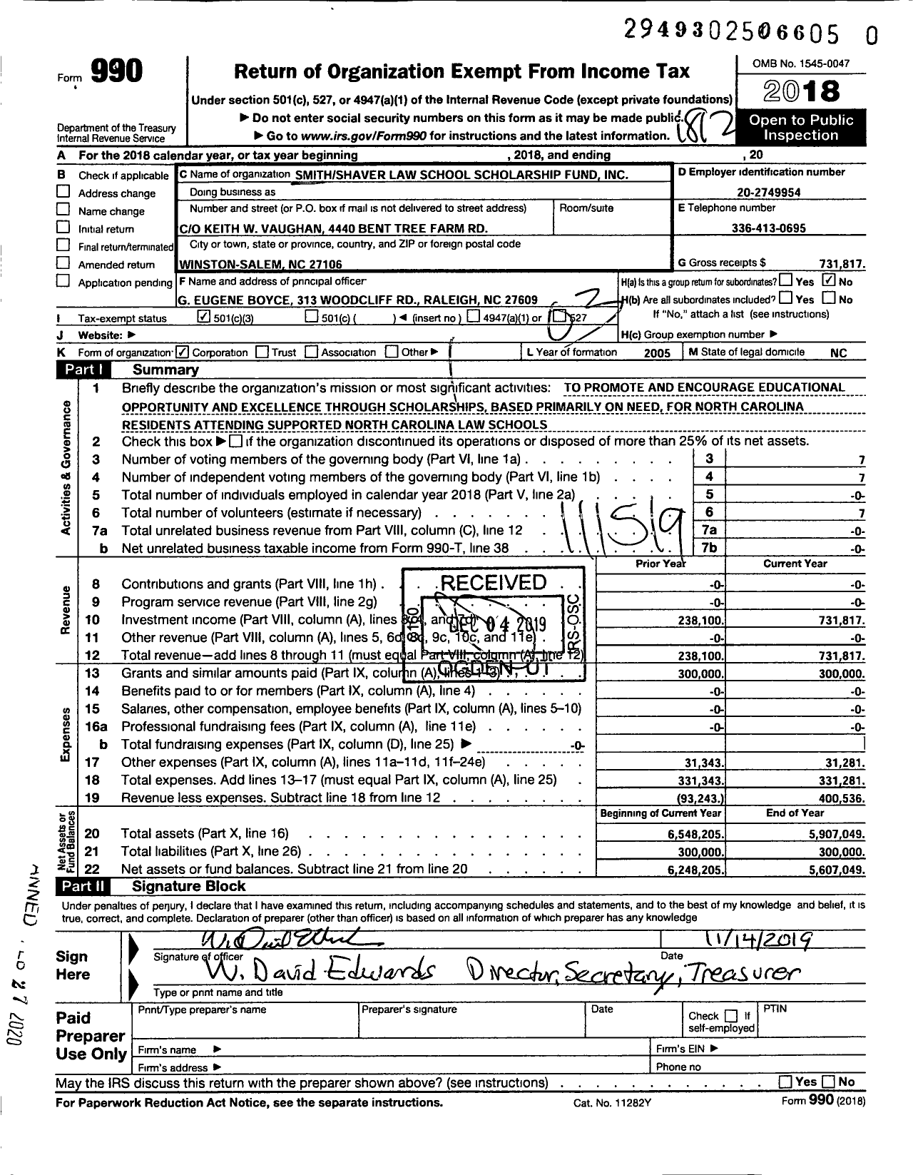 Image of first page of 2018 Form 990 for Smith Shaver Law School Scholarship Fund