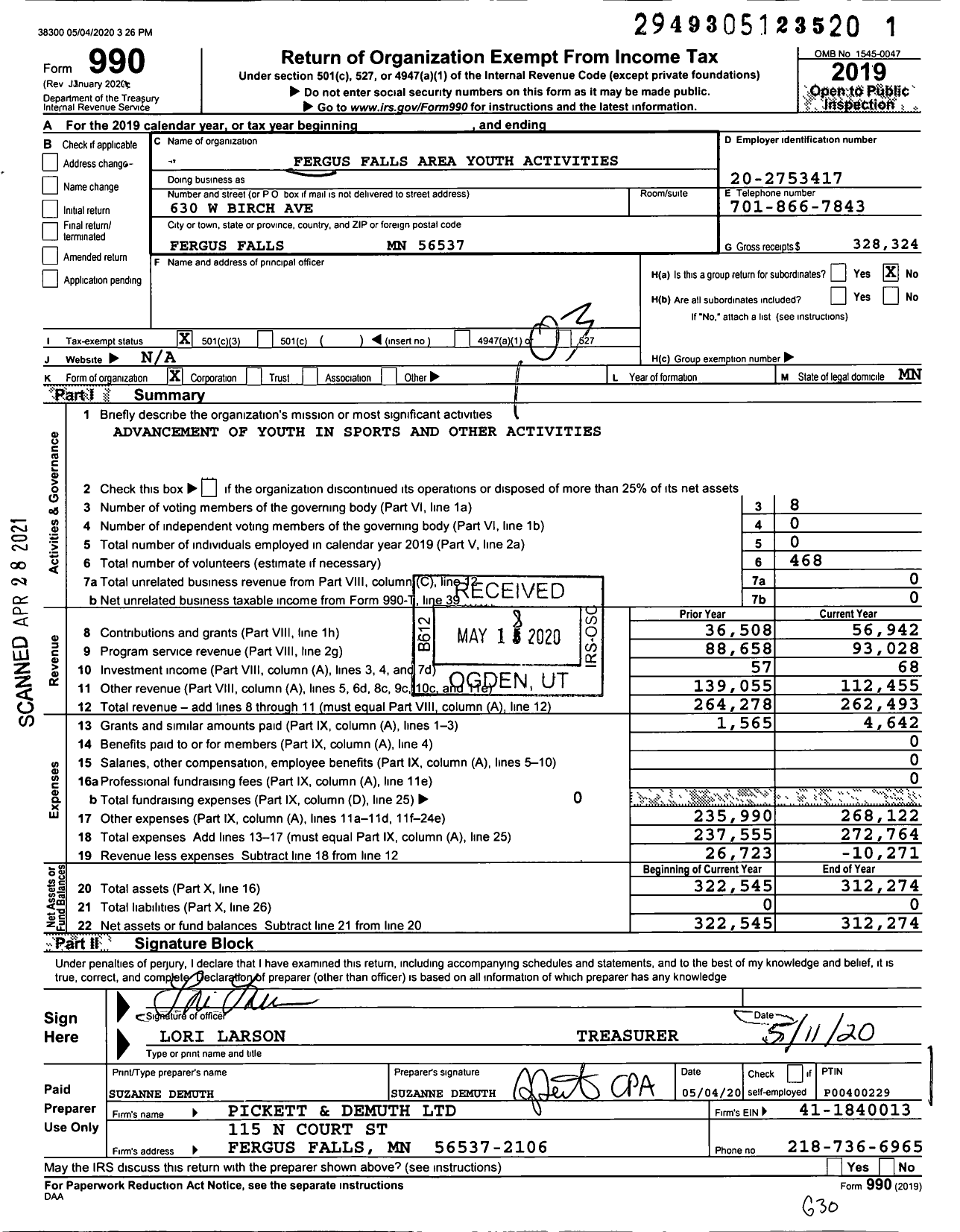 Image of first page of 2019 Form 990 for Fergus Falls Area Youth Activities