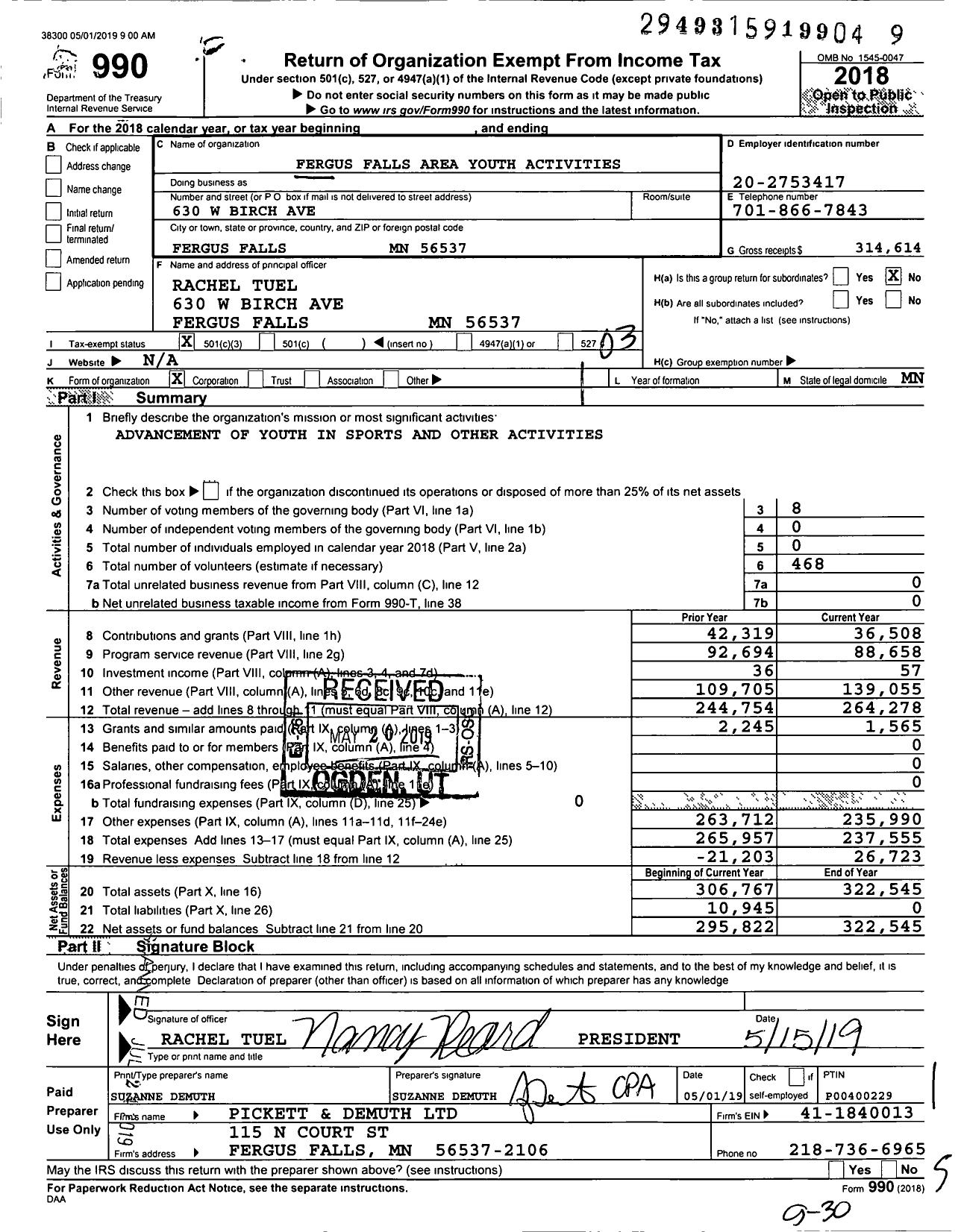 Image of first page of 2018 Form 990 for Fergus Falls Area Youth Activities