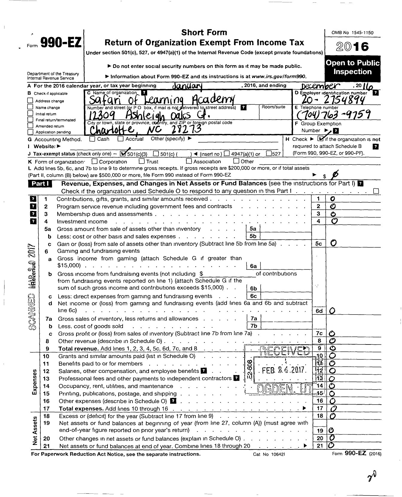 Image of first page of 2016 Form 990EZ for Safari of Learning Academy