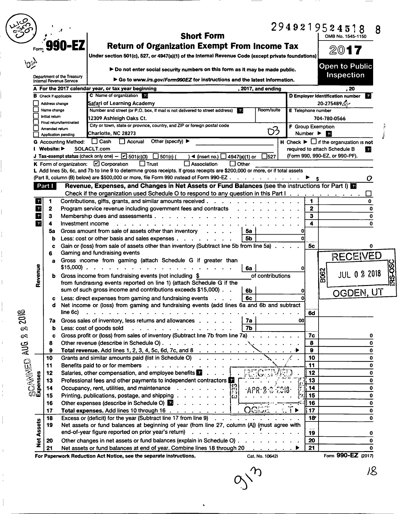 Image of first page of 2017 Form 990EZ for Safari of Learning Academy