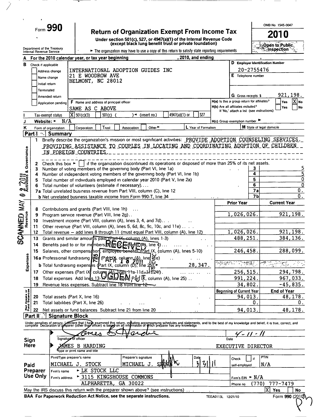 Image of first page of 2010 Form 990 for International Adoption Guides