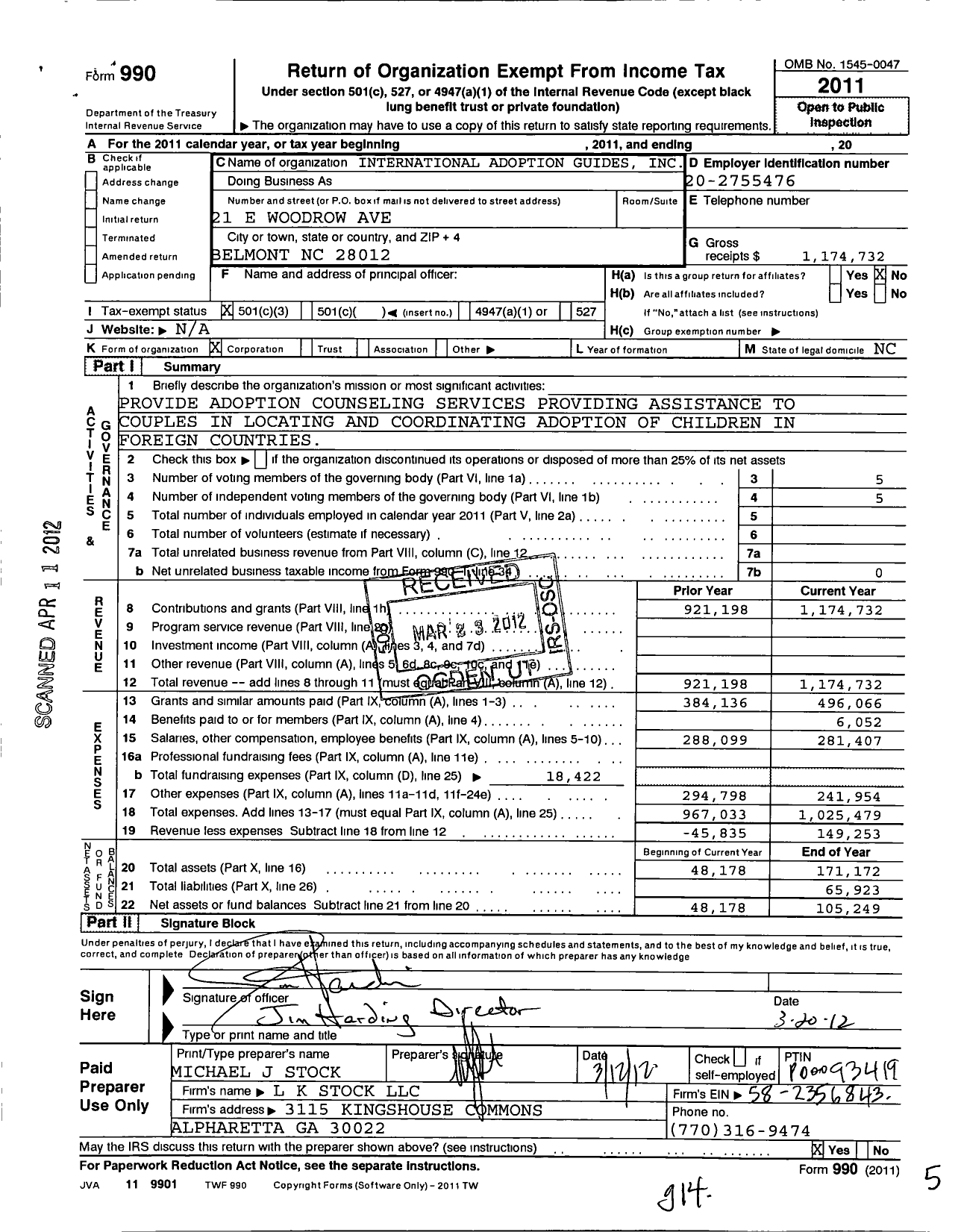 Image of first page of 2011 Form 990 for International Adoption Guides