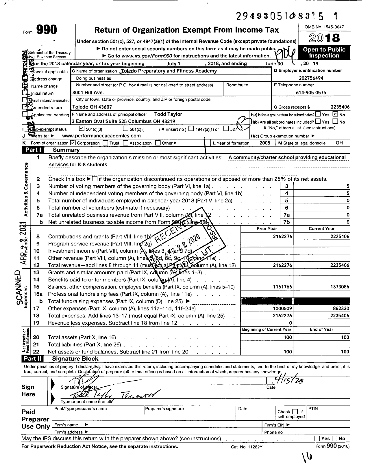 Image of first page of 2018 Form 990 for Toledo Preparatory and Fitness Academy