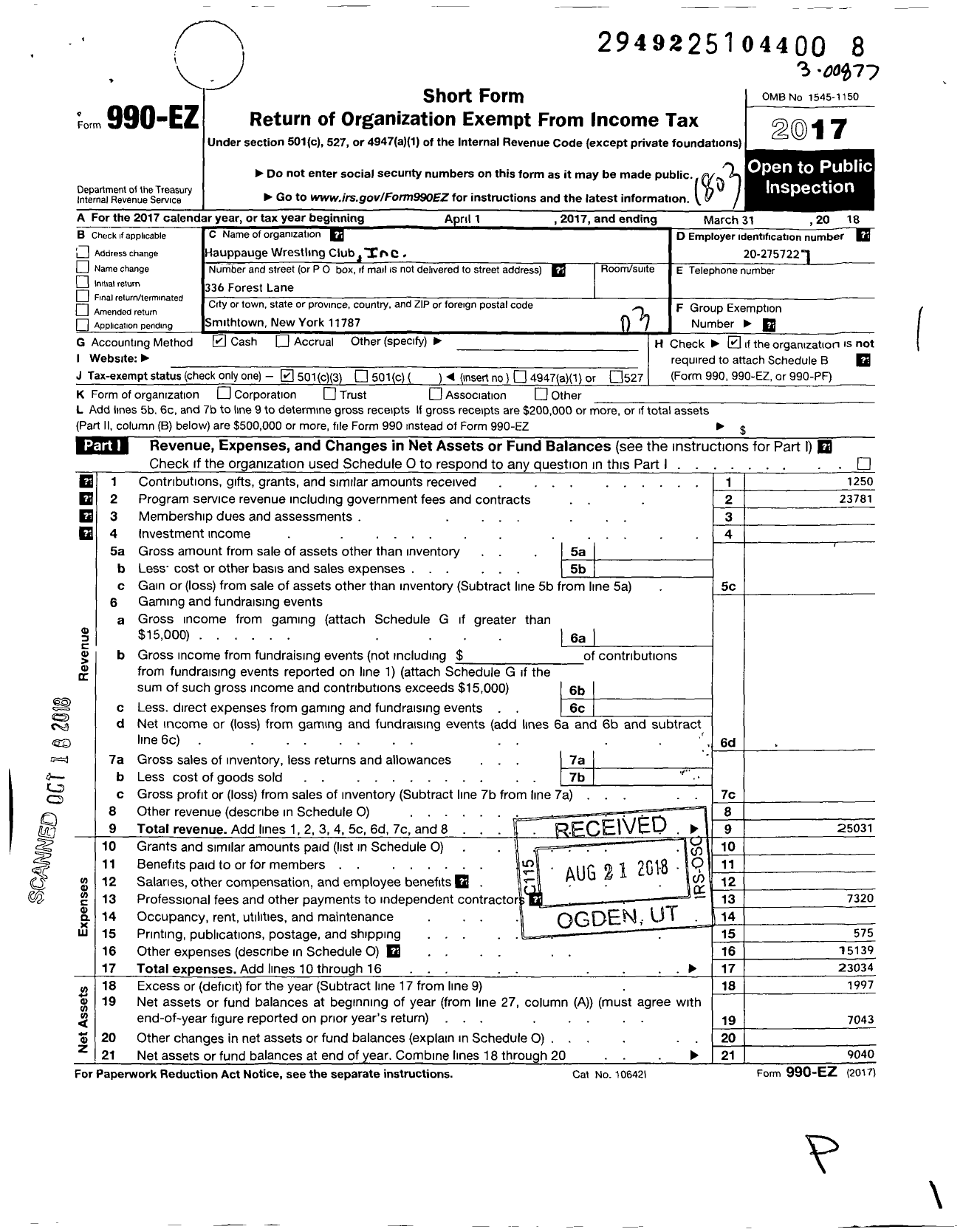 Image of first page of 2017 Form 990EZ for Hauppauge Wrestling Club