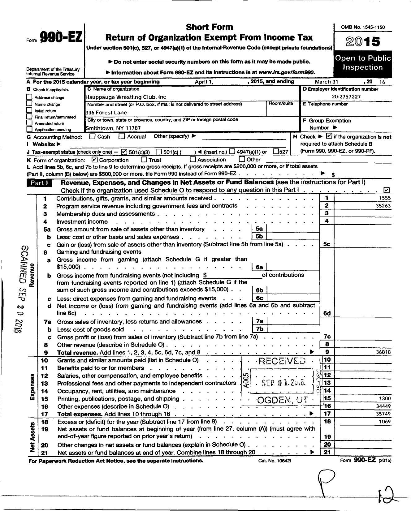 Image of first page of 2015 Form 990EZ for Hauppauge Wrestling Club