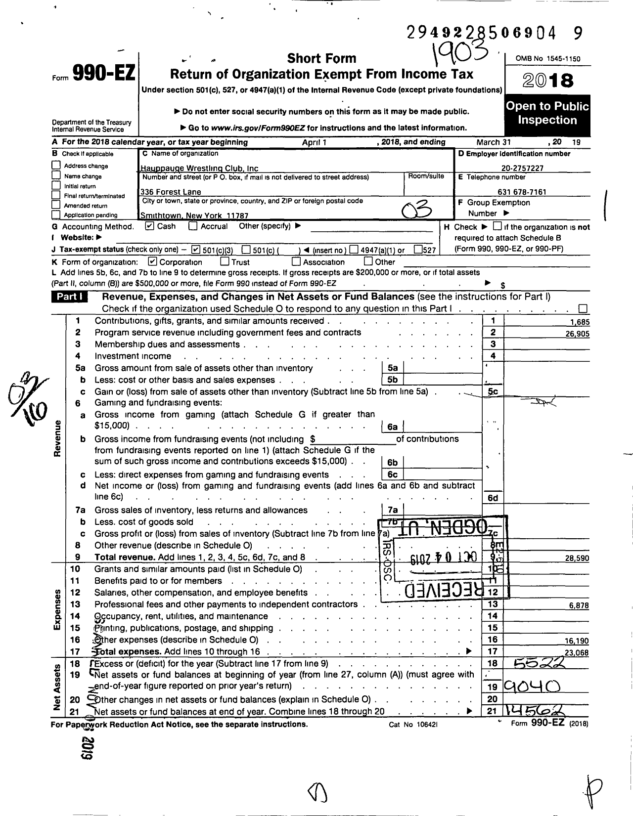 Image of first page of 2018 Form 990EZ for Hauppauge Wrestling Club