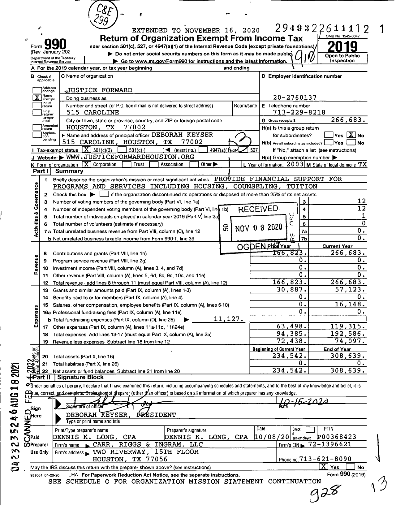 Image of first page of 2019 Form 990 for Justice Forward