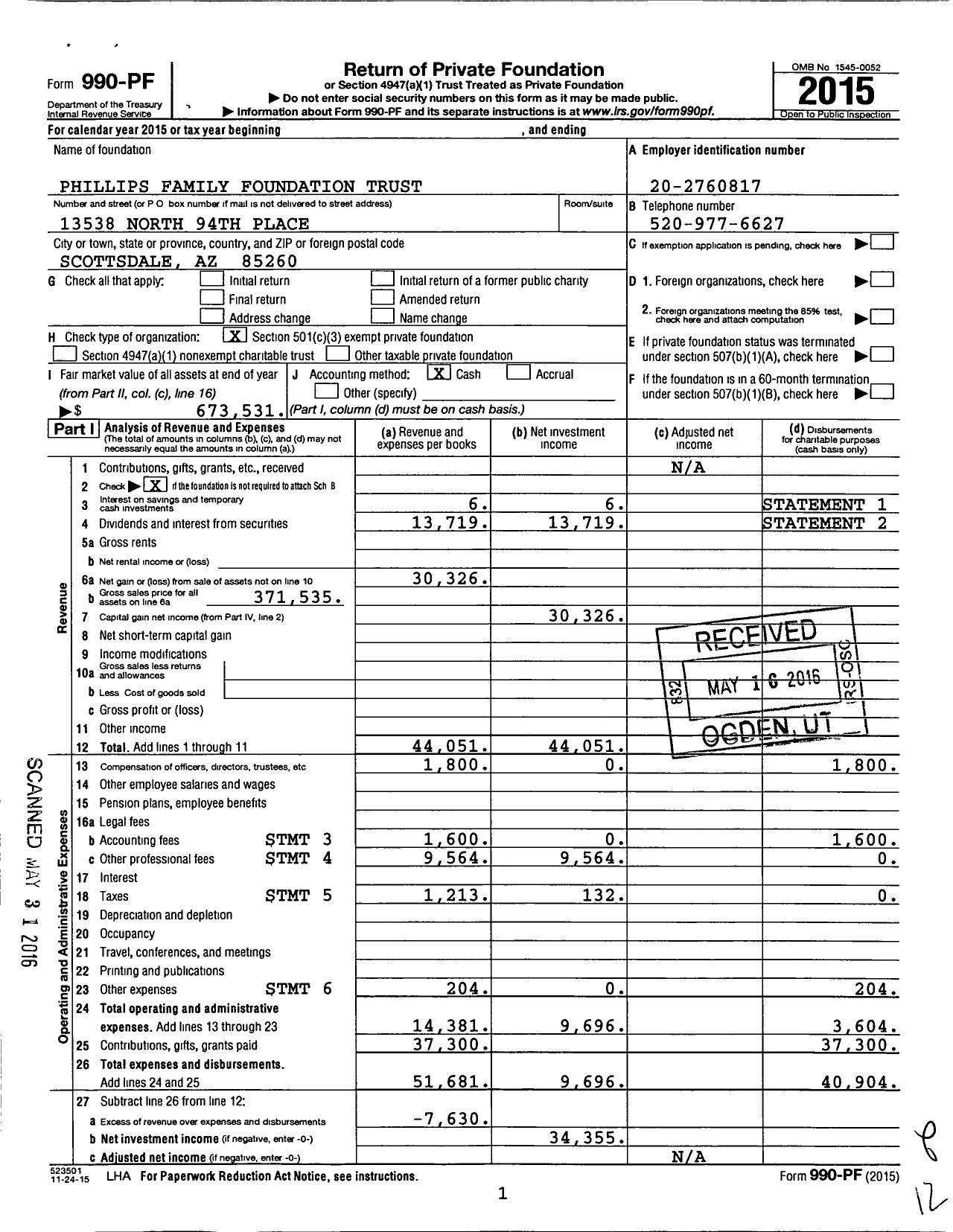 Image of first page of 2015 Form 990PF for Phillips Family Foundation Trust